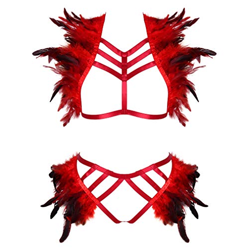 BBOHSS Damen Feder Body Harness Geschirr Epaulets Wings Punk Epaulets Gothic Karneval High Waist Strumpfband Halloween Kostüm Zubehör (Weinrot) von BBOHSS