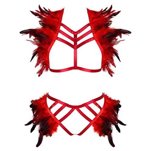BBOHSS Damen Feder Body Harness Geschirr Epaulets Wings Punk Epaulets Gothic Karneval High Waist Strumpfband Halloween Kostüm Zubehör (Weinrot) von BBOHSS