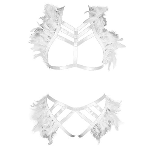 BBOHSS Damen Feder Body Harness Geschirr Epaulets Wings Punk Epaulets Gothic Karneval High Waist Strumpfband Halloween Kostüm Zubehör (Weiß) von BBOHSS