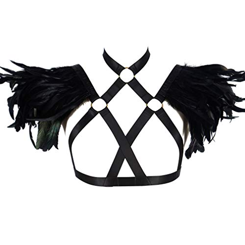 BBOHSS Damen Feder Body Harness Punk BH Epauletten Elastisch Einstellbare Größe Tanz Karneval Gothic Kostüm Zubehör (Schwarz + Gold) von BBOHSS