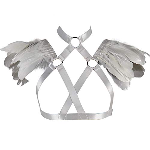 BBOHSS Damen Feder Body Harness Punk BH Epauletten Elastisch Einstellbare Größe Tanz Karneval Gothic Kostüm Zubehör (weiß + Silber) von BBOHSS