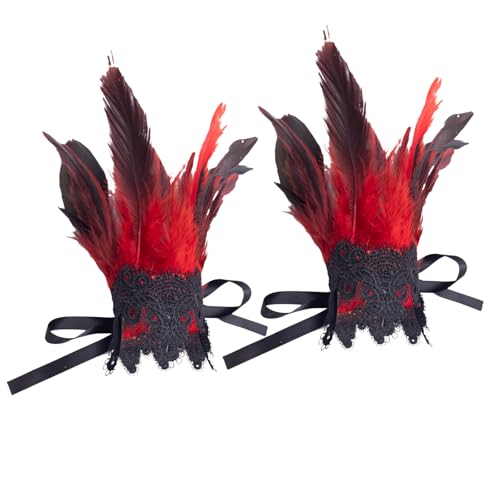 BBOHSS Damen Federn Handgelenk Armbänder Zubehör Punk Gothic Karneval Dress Up Armbänder Handschuhe Stage Walk Dekorative (Rot, Einheitsgröße) von BBOHSS