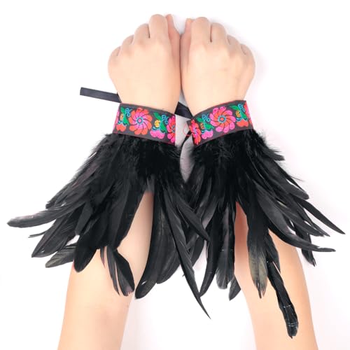 BBOHSS Damen Harness Federn Spitze Modische Handgelenk Zubehör Punk Gothic Halloween Karneval Verkleiden Armbänder (Schwarz) von BBOHSS