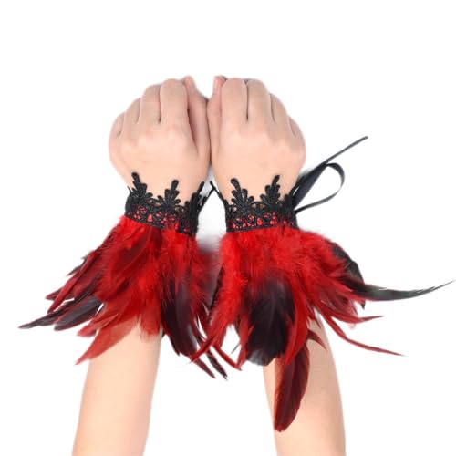BBOHSS Damen Harness Federn Spitze Modische Handgelenk Zubehör Punk Halloween Gothic Karneval Dress Up Armbänder (Rot) von BBOHSS