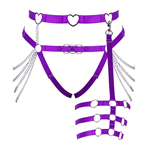 BBOHSS Damen Körper Harness Bein Strumpfband Gürtel Plus Größe Metallkette Cutout Strumpfband Oberschenkel Punk Gothic Karneval Halloween Kleidung (Lila) von BBOHSS