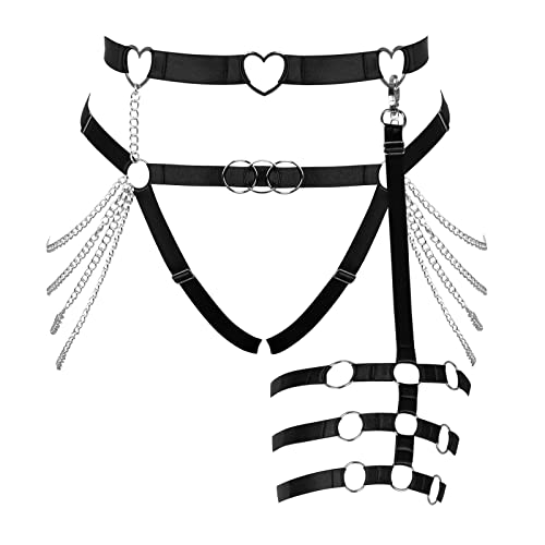 BBOHSS Damen Körper Harness Bein Strumpfband Gürtel Plus Größe Metallkette Cutout Strumpfband Oberschenkel Punk Gothic Karneval Halloween Kleidung (Schwarz) von BBOHSS