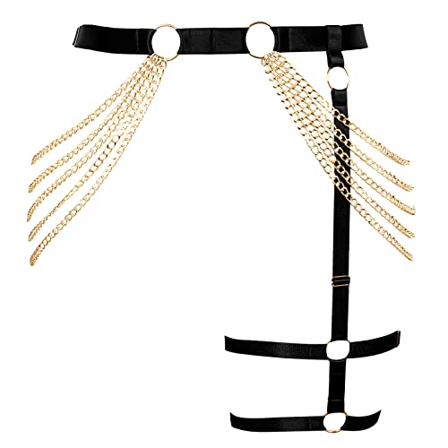 BBOHSS Damen Körper Harness Bein Strumpfband Gürtel Plus Größe Metallkette Punk Strumpfband Gothic Karneval Halloween Party Kostüm (Schwarz+Gold) von BBOHSS