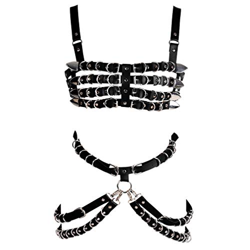 BBOHSS Damen Leder Body Harness BH Strumpfband Gürtel Set Punk Gothic Dance Karneval Kostüm Zubehör (Schwarz) von BBOHSS