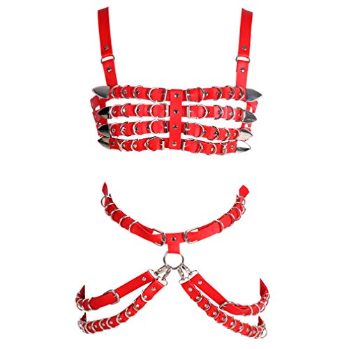 BBOHSS Damen Leder Body Harness BH Strumpfband Gürtel Set Punk Gothic Dance Karneval Kostüm Zubehör (rot) von BBOHSS