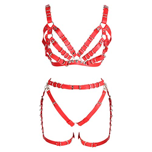 BBOHSS Damen Leder Body Harness Ganzkörper BH Strumpfband Gürtel Set Punk Festival Tanz Karneval Kostüm Zubehör (rot) von BBOHSS