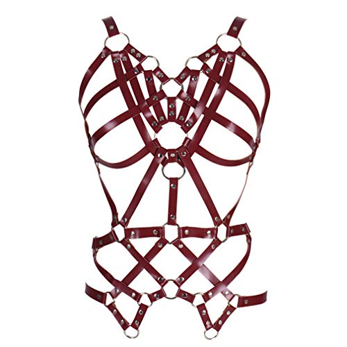 BBOHSS Damen Leder Body Harness Punk BH Gothic Karneval BH Verstellbarer Tanz BH Kostüm Zubehör (Weinrot) von BBOHSS