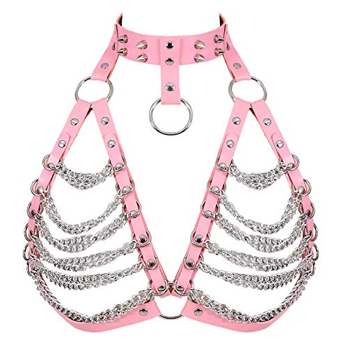 BBOHSS Damen Leder Body Harness Punk BH Hohlkörper Käfig Alloy Carnival Punk Goth verstellbare Gürtel TanzkostümZubehör (Rosa+Silber) von BBOHSS