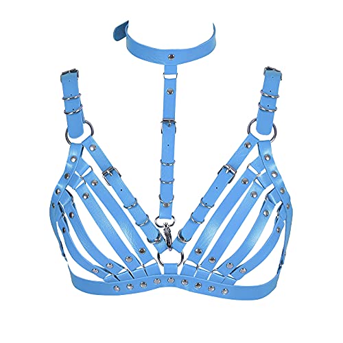 BBOHSS Damen Leder Body Harness Punk BH Karneval Gothic Halloween Tanz Einstellbar BH Kostüm Zubehör (Himmelblau) von BBOHSS