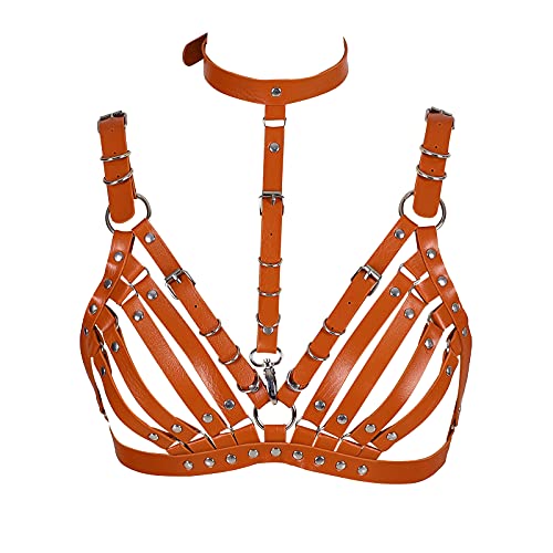 BBOHSS Damen Leder Body Harness Punk BH Karneval Gothic Halloween Tanz Einstellbar BH Kostüm Zubehör (Orange) von BBOHSS