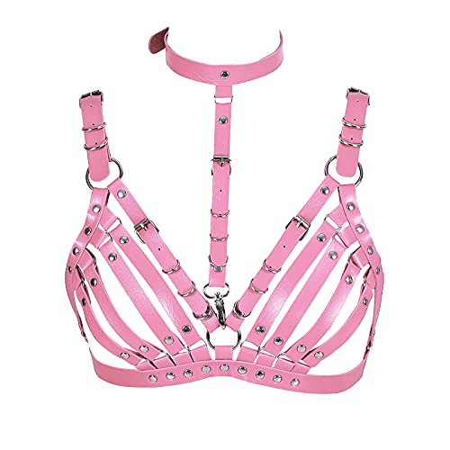 BBOHSS Damen Leder Body Harness Punk BH Karneval Gothic Halloween Tanz Einstellbar BH Kostüm Zubehör (Rosa) von BBOHSS