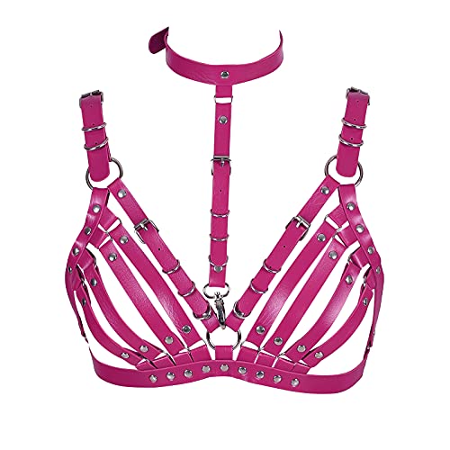 BBOHSS Damen Leder Body Harness Punk BH Karneval Gothic Halloween Tanz Einstellbar BH Kostüm Zubehör (Rose Red) von BBOHSS