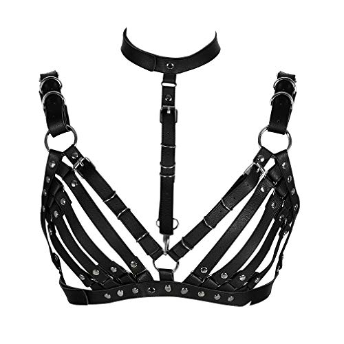 BBOHSS Damen Leder Body Harness Punk BH Karneval Gothic Halloween Tanz Einstellbar BH Kostüm Zubehör (Schwarz) von BBOHSS