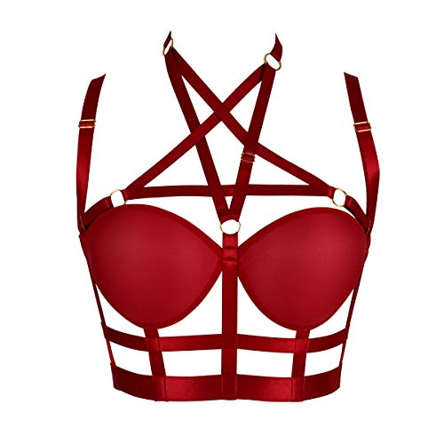 BBOHSS Damen Pentagramm Body Harness BH Strappy Tops verstellbar Gothic Punk Festival Rave Bralette - Schwarz - Einheitsgröße (Weinrot) von BBOHSS