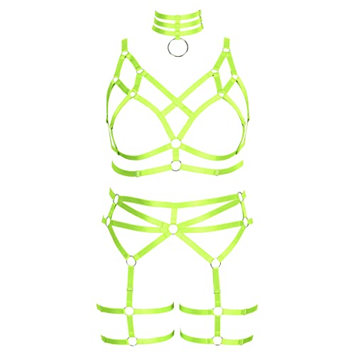 BBOHSS Damen Plus Size Body Harness Mode BH Set Punk Gothic Strumpfband Gürtel Hohlgürtel Halloween Karneval Kostüm 12 Farben (Leuchtendes Grün) von BBOHSS