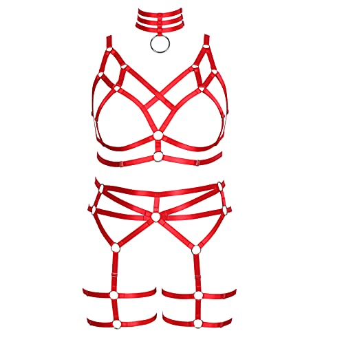 BBOHSS Damen Plus Size Body Harness Mode BH Set Punk Gothic Strumpfband Gürtel Hohlgürtel Halloween Karneval Kostüm 12 Farben (rot) von BBOHSS