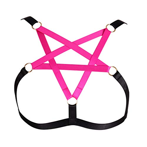 BBOHSS Damen Unterwäsche BH Pentagramm Body Harness Strap BH elastisch verstellbar Punk Gothic Dance Party Kostüm (Schwarz+Rose Rot) von BBOHSS