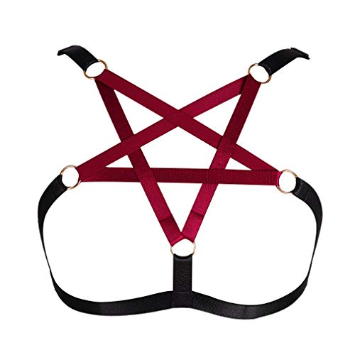 BBOHSS Damen Unterwäsche BH Pentagramm Body Harness Strap BH elastisch verstellbar Punk Gothic Dance Party Kostüm (Schwarz+Weinrot) von BBOHSS