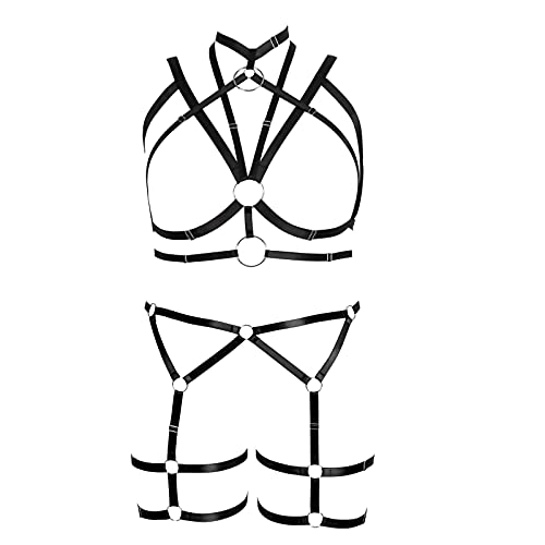 BBOHSS Fat Woman Body Harness Plus Size für Full Cage Hollow Out Frame Strap BH und Strumpfhalter Set Punk Gothic Dance Kleidung (Schwarz) von BBOHSS