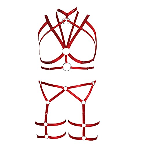 BBOHSS Fat Woman Body Harness Plus Size für Full Cage Hollow Out Frame Strap BH und Strumpfhalter Set Punk Gothic Dance Kleidung (Weinrot) von BBOHSS