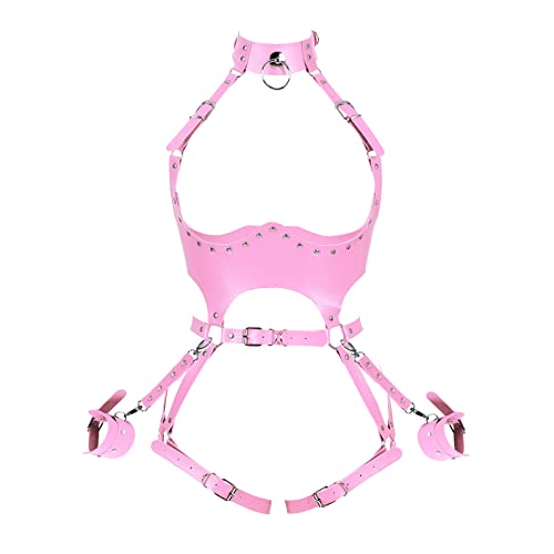 BBOHSS Frauen Body Harness Leder Punk BH Anzug Strumpfband Club Party Rave Halloween Full Hollow Belt Dance Kostüm (Rosa) von BBOHSS