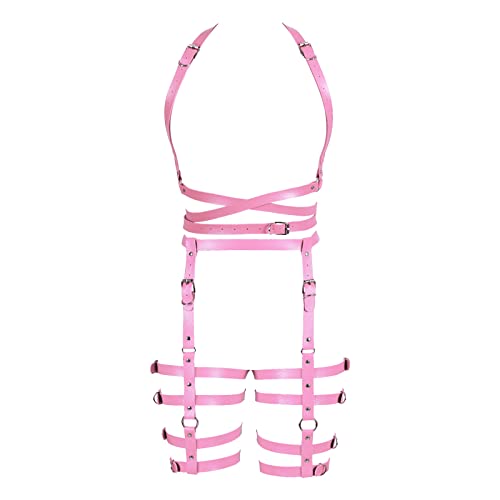 BBOHSS Frauen Body Harness Leder Punk BH Anzug Strumpfgürtel Club Gothic Karneval Halloween Hohlgürtel Party Dance Kostüm (Rosa) von BBOHSS