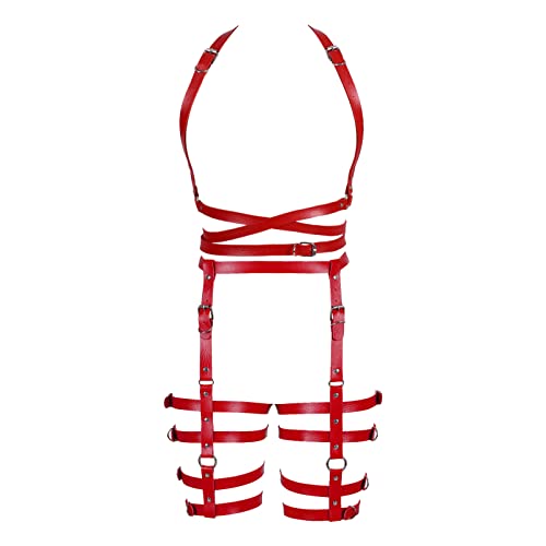 BBOHSS Frauen Body Harness Leder Punk BH Anzug Strumpfgürtel Club Gothic Karneval Halloween Hohlgürtel Party Dance Kostüm (rot) von BBOHSS