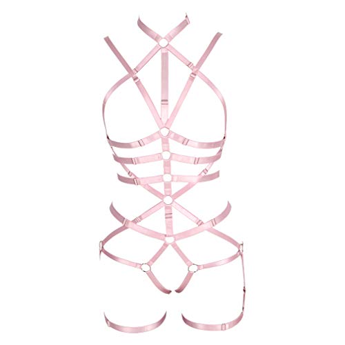 BBOHSS Frauen Body Harness Set Karneval Strumpfband Gürtel Set Elastic Hollow Top Bra Punk Gothic Tanz Kostüm (Rosa) von BBOHSS