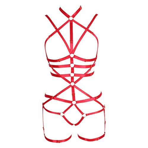 BBOHSS Frauen Body Harness Set Karneval Strumpfband Gürtel Set Elastic Hollow Top Bra Punk Gothic Tanz Kostüm (rot) von BBOHSS