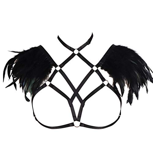 BBOHSS Frauen Feder Body Harness BH Epauletten Damen Day Wings Karneval Gothic Halloween Tanz Kostüm Zubehör (Schwarz) von BBOHSS