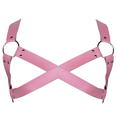 BBOHSS Herren Leder Körper Harness Punk Brustgurt Einstellbar Gothic Karneval Halloween Weihnachtstanz Kostüm Zubehör (Rosa) von BBOHSS