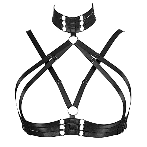 BBOHSS Plus Size Body Harness BH Damenmode Punk Hollow Cupless BH Gothic Karneval Weihnachten Karneval Kostüm (Schwarz) von BBOHSS