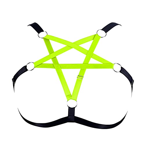 BBOHSS Plus Size Body Harness Pentagramm-BH Käfig-BH Hohl Damen No Cup Punk Gothic Karneval Weihnachten Tanz Mode Kleidung (Schwarz+Leuchtendes Grün) von BBOHSS