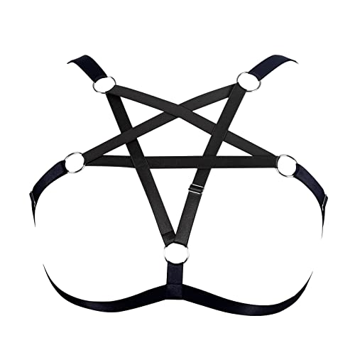 BBOHSS Plus Size Body Harness Pentagramm-BH Käfig-BH Hohl Damen No Cup Punk Gothic Karneval Weihnachten Tanz Mode Kleidung (Schwarz+Schwarz) von BBOHSS