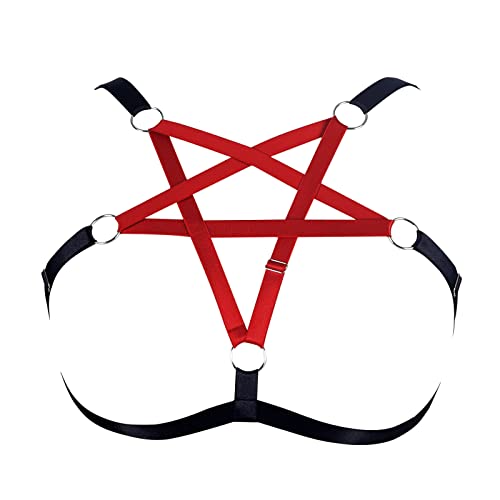 BBOHSS Plus Size Body Harness Pentagramm-BH Käfig-BH Hohl Damen No Cup Punk Gothic Karneval Weihnachten Tanz Mode Kleidung (Schwarz+Weinrot) von BBOHSS