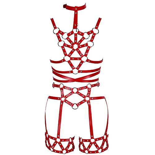 BBOHSS Punk Leder Frauen Ganzkörper Harness Taille Bralette und Strumpfgürtel Halloween Mode Unterwäsche Gothic Strumpfband Tanzkostüm (rot) von BBOHSS