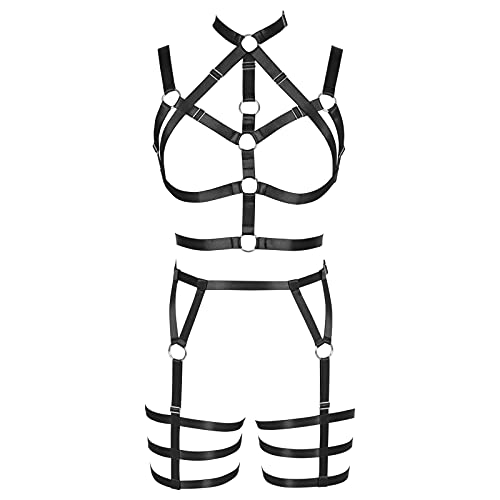 Damen Body Harness BH Beine Strumpfband Unterwäsche Stretch Plus Size Punk Gothic Karneval Strumpfgürtel Tanzkostüm (Schwarz) von BBOHSS