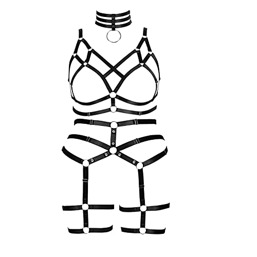 Damen Body Harness BH Mode Übergröße Käfig BH Ausschnitt Strümpfe Strumpfband Set Punk Gothic Karneval Tanzkostüm (Schwarz) von BBOHSS