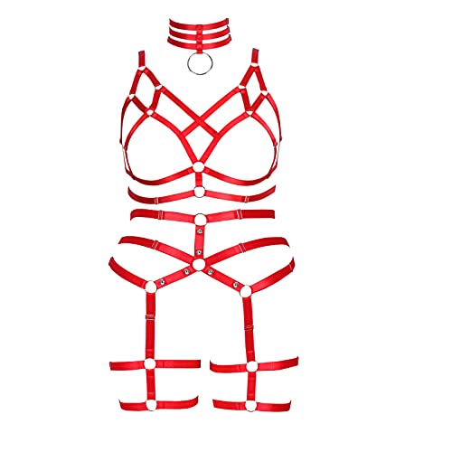 Damen Body Harness BH Mode Übergröße Käfig BH Ausschnitt Strümpfe Strumpfband Set Punk Gothic Karneval Tanzkostüm (rot) von BBOHSS