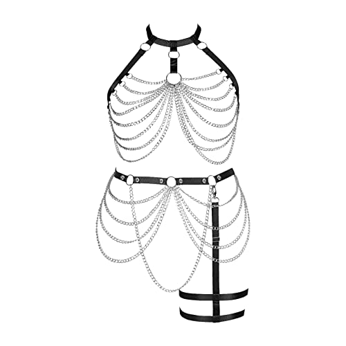 Damen Body Harness BH Plus Size Käfig BH Strümpfe Mode Strumpfband Set Punk Gothic Karneval Tanzkostüm (Schwarz) von BBOHSS