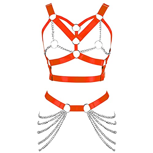 Damen Body Harness BH Punk Strumpfgürtel Elastisch Verstellbar Metallkette BH Tanz Karneval Gothic Kostüm Zubehör, Orange/Abendrot im Zickzackmuster (Sunset Chevron), 30 von BBOHSS