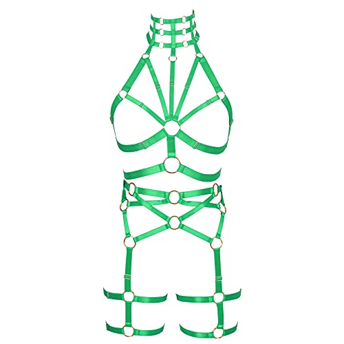 Damen Body Harness BH Set Beine Beine Strumpfband Gürtel Hohl Karneval Punk Gothic Halloween Verstellbarer Gürtel Tanzkostüm Gr. Einheitsgröße, Obstgrün von BBOHSS