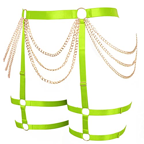 Damen Body Harness Bein Strumpfband Gürtel Übergröße Metall Kette Strumpfband Oberschenkel Punk Gothic Karneval Halloween Kostüm, Fluoreszierendes Grün + Gold, Übergröße von BBOHSS