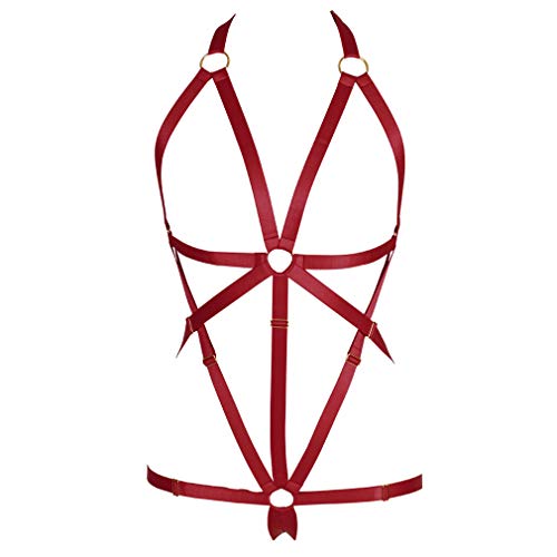 Damen Body Harness Bra Set Karneval Strumpfband Gürtel Set Elastic Hollow Top Bra Punk Gothic Tanzkostüm (0031) (Weinrot) von BBOHSS