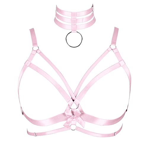 Damen Body Harness Cupless BH Plus Size Top Ausschnitt BH Karneval Gothic Punk Unterwäsche Tanzmode Kleidung (Rosa) von BBOHSS