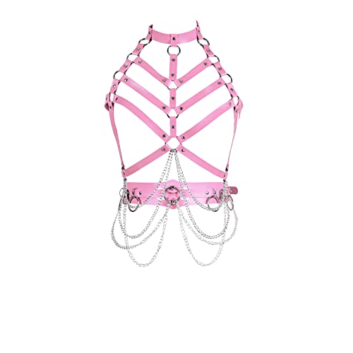 Damen Body Harness Leder BH Strumpfband Anzug Out Gürtel Gothic Punk Gürtel Strumpfband Dance Fashion Weihnachtskostüm (Rosa) von BBOHSS